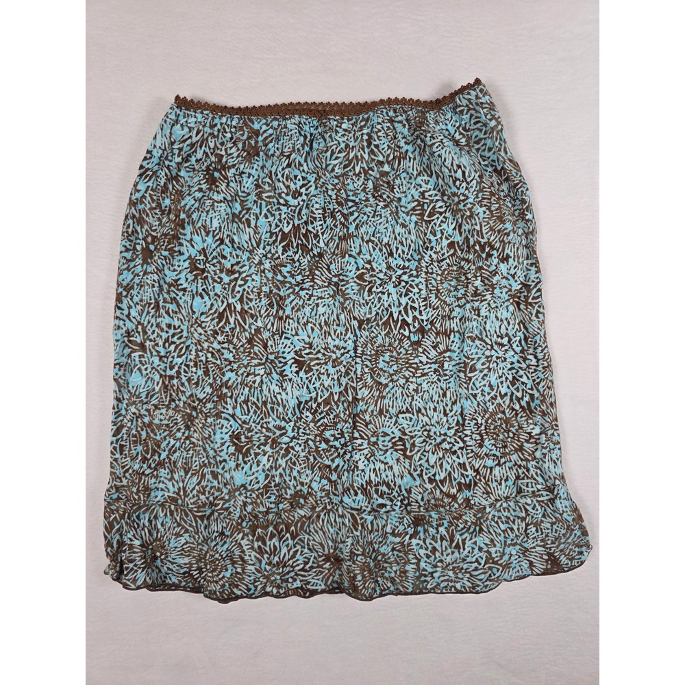 Y2K Santiki Mini Skirt Medium Blue Brown Floral Boho Coastal Lace Trim Hawaiian